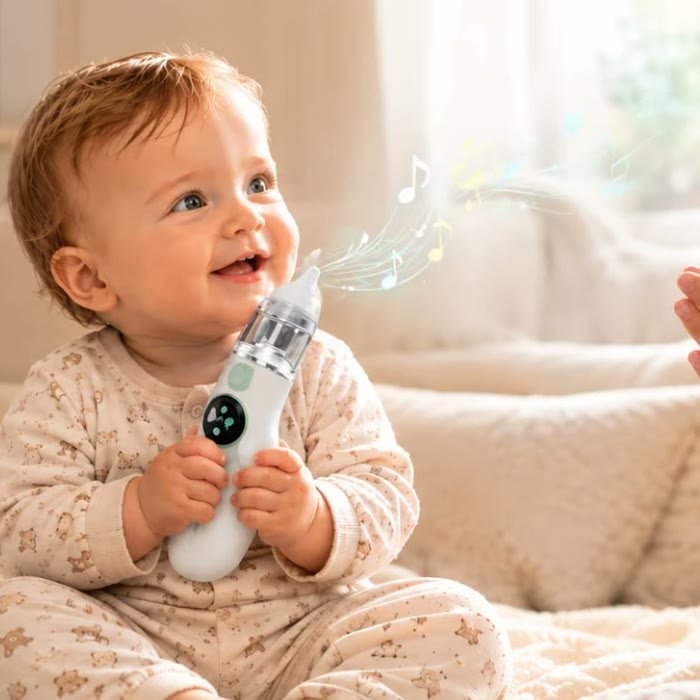 Un bébé souriant tient le mouche bébé Redalis pendant que sa maman applaudit