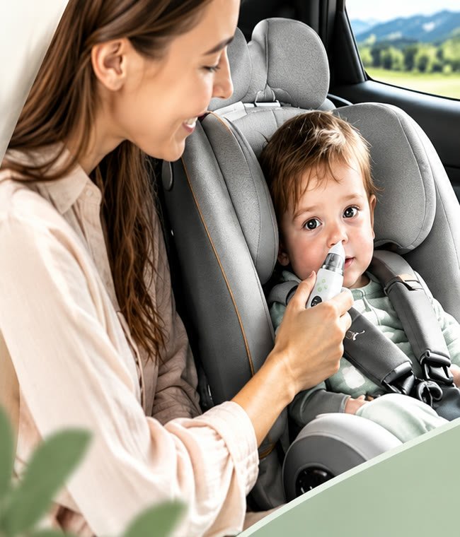 Une maman utilise le mouche bébé Redalis sur son bébé installé dans son siège auto