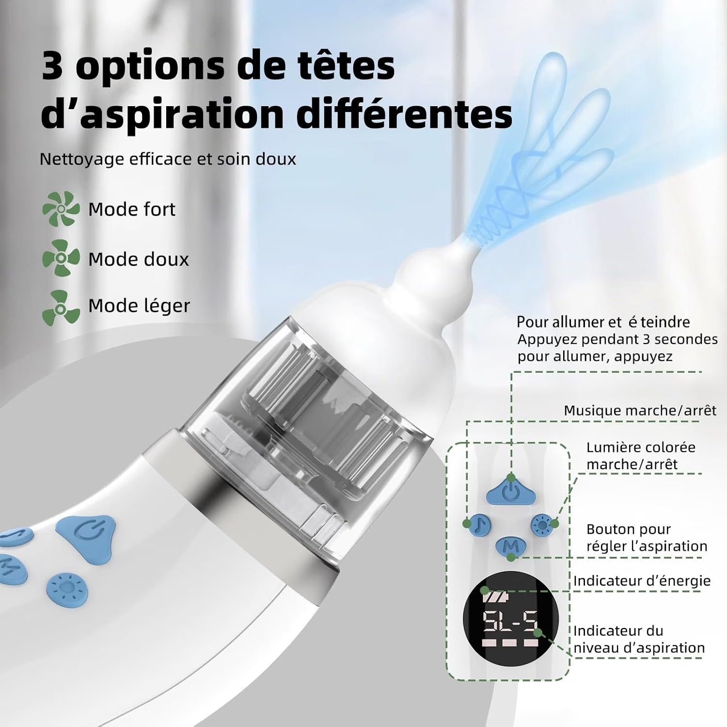 Les boutons et les 3 embouts du mouche bébé électrique Redalis expliqués