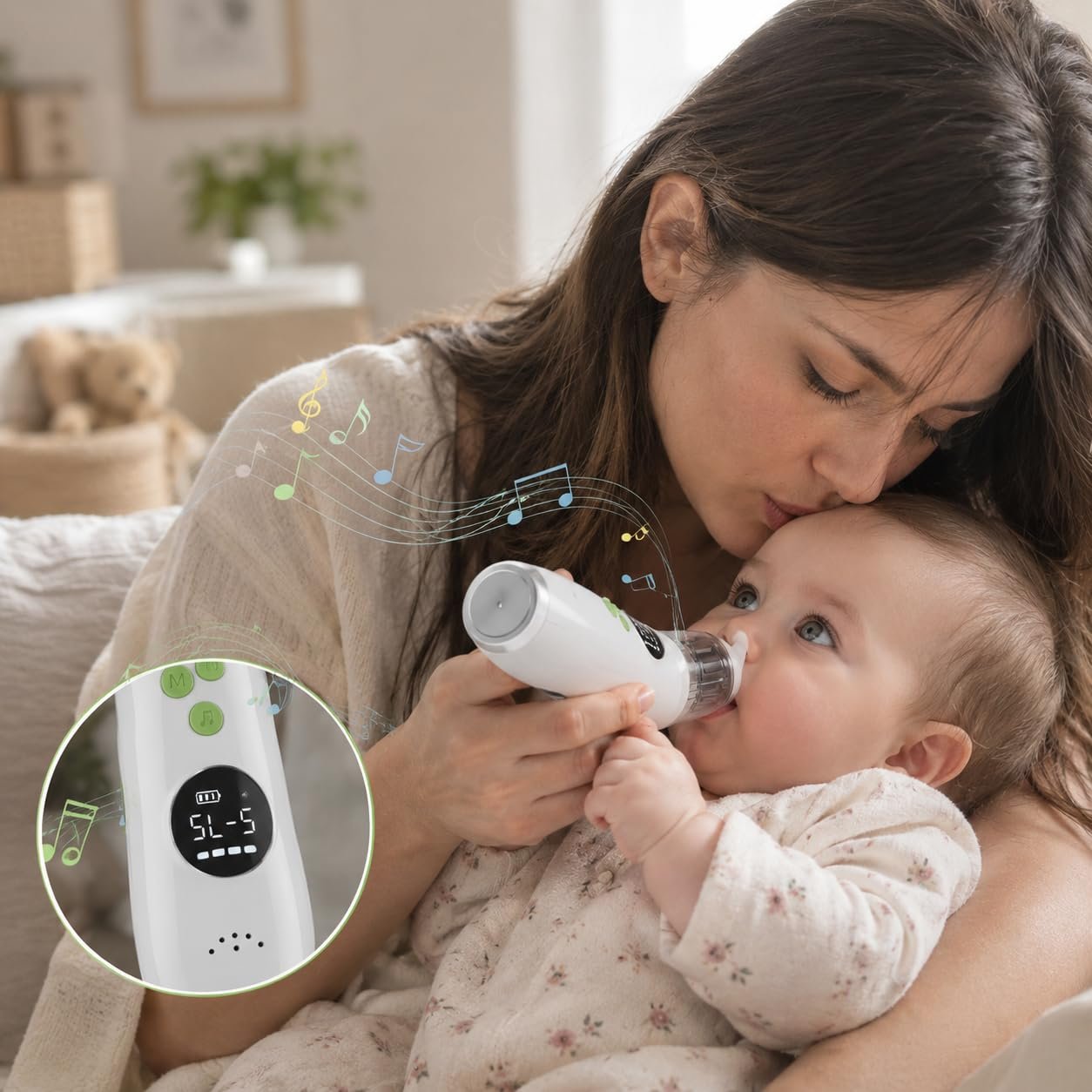 Une maman embrasse son bébé enrhumé pendant le soin du nez en musique