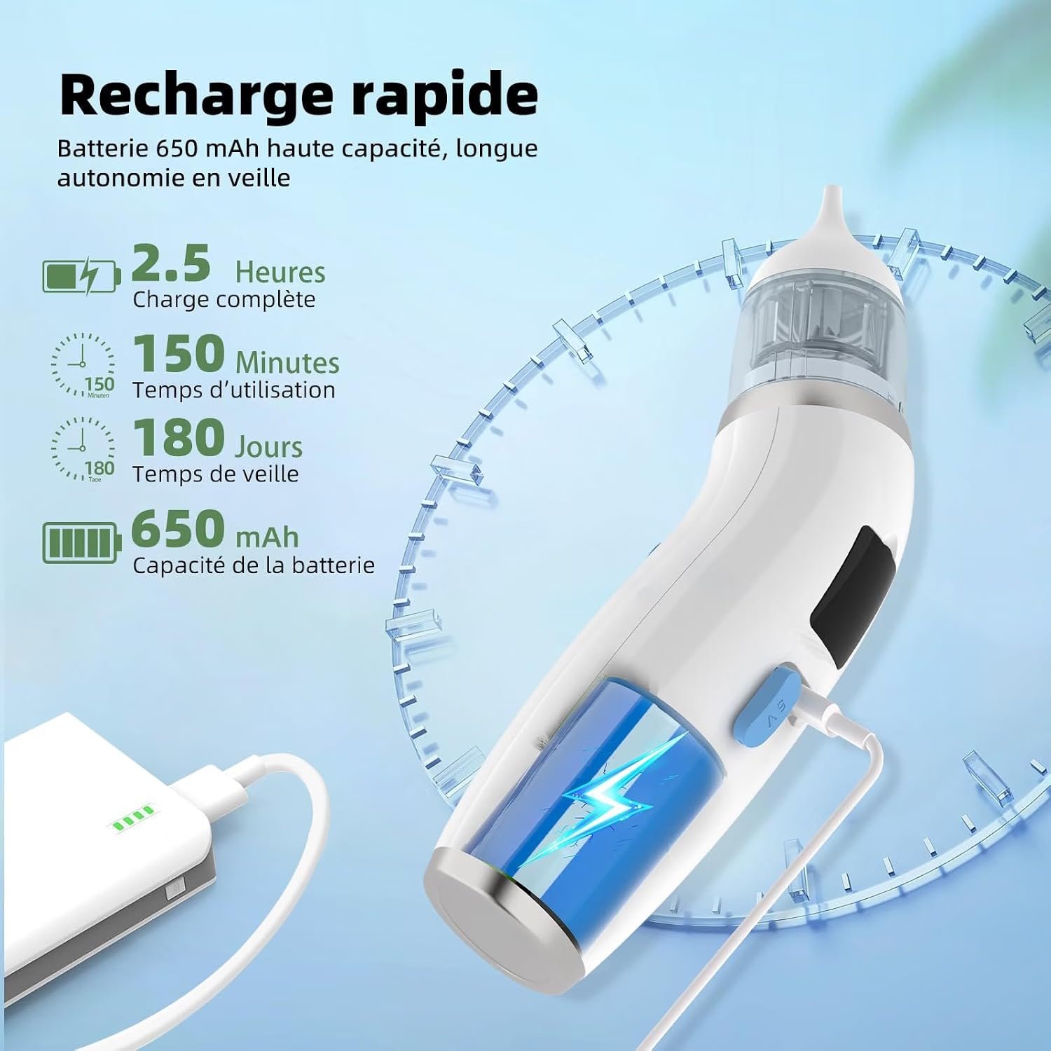 Mouche bébé Redalis : batterie 650 mAh et niveaux d'aspiration affichés à l'écran